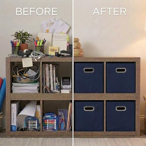 Household Essentials Fabric Storage Bins 6 Piece Set, Strong Poly-Woven Fabric, Sturdy Chipboard Sides, Grommet Front Handle, Stackable and Foldable, Classic Design, Navy - color: Navy, size: 11” L x 11” W x 11” H