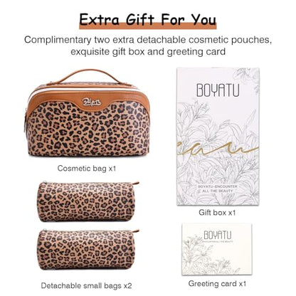 BOYATU Travel Makeup Bag Organizer: 3 Pcs Set Leopard Make up Bag for Women | Vegan Leather Cosmetic Bags with Compartments - Waterproof Toiletry Bag - 180° Open-Flat Make up Case for 3-15 Day Trips - color: 01-Brown