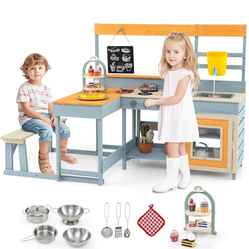 HONEY JOY Mud Kitchen & Kids Picnic Table, 2 in 1 Fir Wood Play Kitchen w/Built-in Bench, Blackboard, Water Box, Sink, Dessert & Cookware, Outdoor Kitchen Playset for Backyard