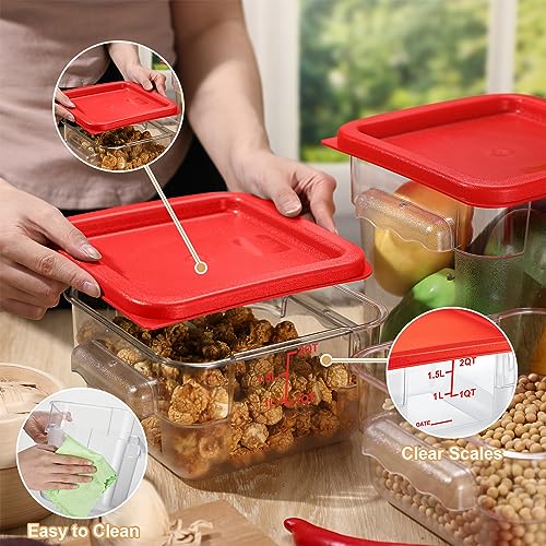 Barydat 4 Pcs Square Food Storage Containers with Lids Measurement Scales, 2qt & 4qt Clear Plastic Stackable Containers for Dough Proofing Baking Kitchen Restaurant and Pantry Organization(Red) - color: Red