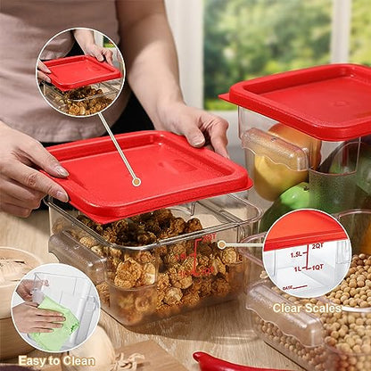 Barydat 4 Pcs Square Food Storage Containers with Lids Measurement Scales, 2qt & 4qt Clear Plastic Stackable Containers for Dough Proofing Baking Kitchen Restaurant and Pantry Organization(Red) - color: Red