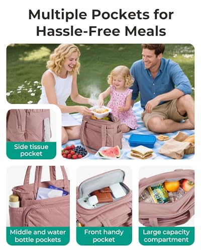 BAGSMART Lunch Bag Women Large Lunch Box Insulated Tote Bag with Multi-Pockets Quilted Puffy Tote for Work, Outdoors - color: 06-Baby Pink