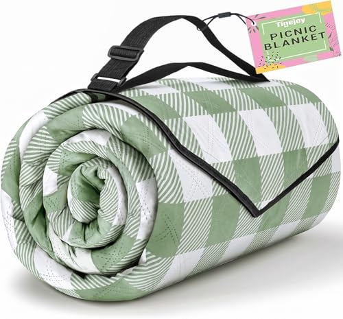 TigeJoy Extra Large Picnic Blanket Waterproof Foldable 80''x80'', Outdoor Picnic Mat Beach Blanket Sandproof for Park, Grass, Travel, Hiking, Camping Essentials, Gingham Picnic Blanket - color: Green, size: 6'8" x 6'8" (Rectangular)