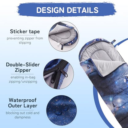tuphen Kids Sleeping Bag - 50-77℉ 3-Season Waterproof Sleeping Bag for Boys & Girls, Lightweight 2.2 lbs Camping Gear with Compression Bag Ideal for Camping, Hiking, Indoor - color: Blue