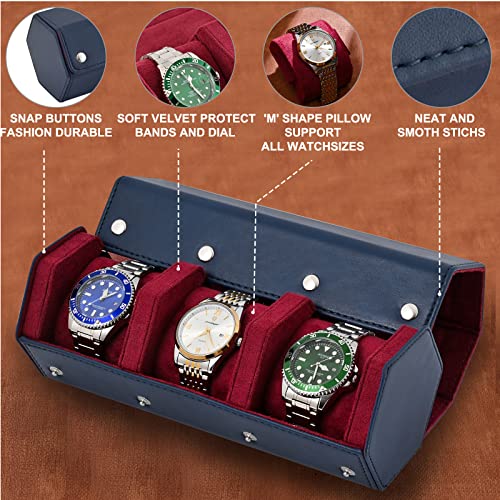 ROSELLE Luxury Leather Watch Roll Travel Case for Men and Women,Travel Watch Case Holds 3 Watches Storage & Display,Designed for steel watch bands &leather metal rubber and bracelets - color: Dark Blue/Red-3