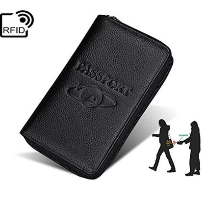 Genuine Leather Travel Passport Wallet RFID Blocking Zip-Around Passport Holder