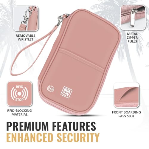 BOACAY Travel Document Organizer with RFID, Family Passport Holder, Wallet for Women & Men, Portable & Waterproof Case for Cards, Boarding Pass, Money - color: Dusty Rose