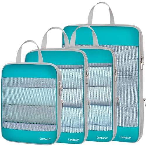 Cambond See Through Mesh Compression Packing Cubes - 4 Piece Expandable Space Saving Packing Cubes for Travel, Lightweight Travel Bags Luggage Packing Organizer Essentials for Suitcases, Lake Blue - color: 02 Lake Blue, size: 4-Piece Set (Weekend/Short Tr