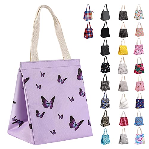 iknoe Insulated Lunch Bag for Women, 9L Durable Wide-Open Foldable & Portable Lunch Tote with Interior Pockets, Water-resistant Thermal Lunch Cooler for Adults Picnic Beach (Purple Butterfly) - color: purple butterflies, size: Velcro Closure