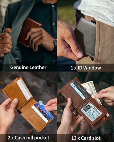 Artpaxy Mens Wallet Bifold Genuine Leather RFID Blocking Wallet for Men with 1 ID Windows 13 Card Holders 2 cash pockets 1 Gift Box - color: Gray
