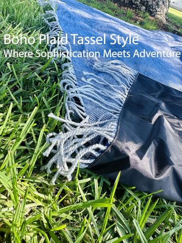 Picnic Blanket Extra Large Waterproof with Strap 59"x79" - Machine Washable Tassels Faux Wool Cashmere for Park, Grass, Camping, Hiking, Concerts (Blue, 59"X79") - color: Blue