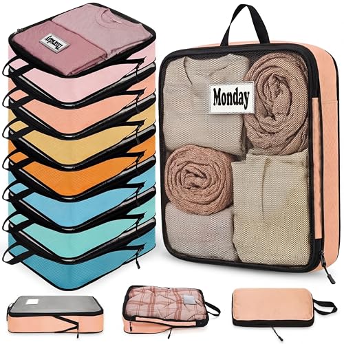 7 Pcs Packing Cubes for Travel Days of Week Compression Packing Cube with Labels Organizers Luggage Storage Bag(Multicolor,Large) - color: Multicolor