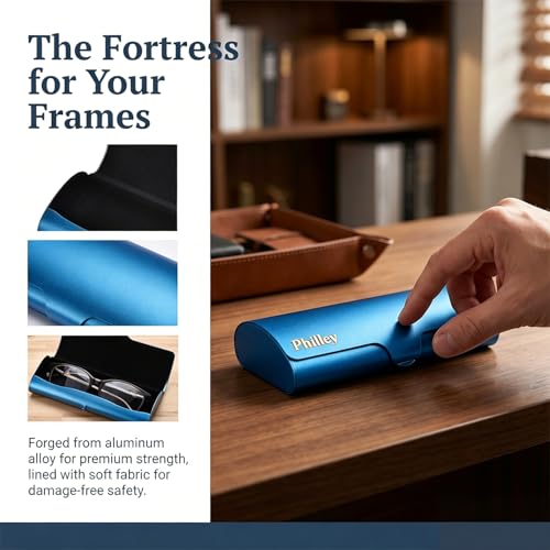 Philley Aluminum Ultra-Light Eyeglasses Case Hard Shell Nearsighted Glasses Case for Women & Men - color: Blue
