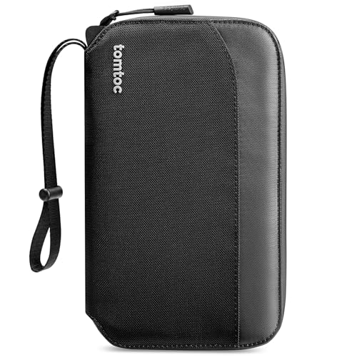 tomtoc Passport Holder Family with RFID Blocking, Passport Wallet Women Men, with Airtag & Sim Card Holder and Eject Pin, Travel Document Organizer with Wrist Strap, Up to 4 Passports, Water-resistant - color: Black