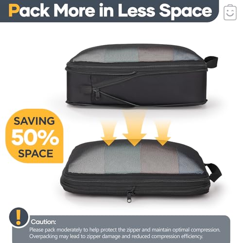 Veken 6/9/11 Set Compression Packing Cubes for Travel Essentials,Compressible Expandable Large Luggage Suitcase Organizer Bags for Clothing,Durable Space Saver Storage Bags(Black) - color: Black, size: 6 set