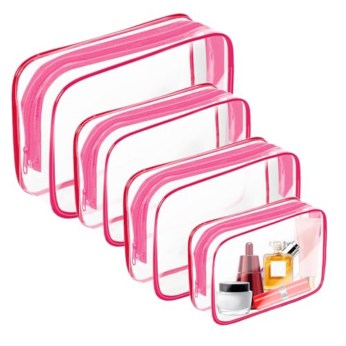 AURUZA Clear Makeup Bag,Portable Travel Toiletry Bags with Zipper, TSA Approved Clear Organizer Bags, PVC Cosmetic Pouch for Airport Airline Compliant - color: 4 Packs Rose Red