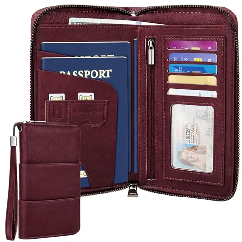 Family Passport Holder Wallet with Zipper, RFID Blocking Travel Document Organizer, PU Leather Passport Wallet for Women Men, Passport Cover Travel Wallet for Boarding Pass, ID, Money, Ticket - color: Wine Red