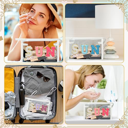 Y1tvei Clear SUN Makeup Bag - Preppy Rose Red SUN Chenille Varsity Letter Cosmetic Bag PVC Transparent Zipper Waterproof Beach Makeup Carry Pouch Portable Travel Toiletry Organizer for Women(White) - color: Rose red SUN White