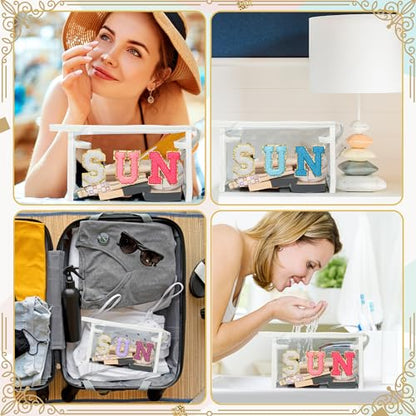 Y1tvei Clear SUN Makeup Bag - Preppy Rose Red SUN Chenille Varsity Letter Cosmetic Bag PVC Transparent Zipper Waterproof Beach Makeup Carry Pouch Portable Travel Toiletry Organizer for Women(White) - color: Rose red SUN White