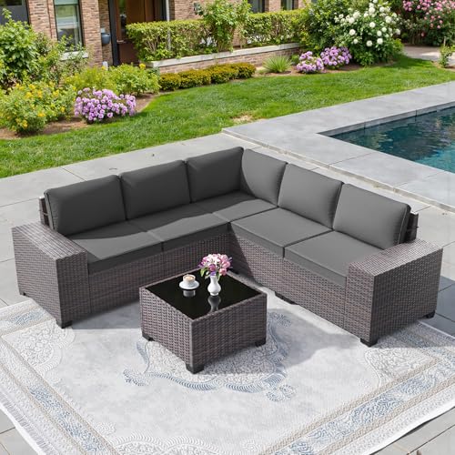 6 PCS Outdoor Patio Furniture Set,Outdoor Sectional Furniture All Weather PE Rattan Wicker Patio Conversation Set with Coffee Table and 5 Thickened Cushions,Grey - color: Grey, size: 6 High Backrest Sofa