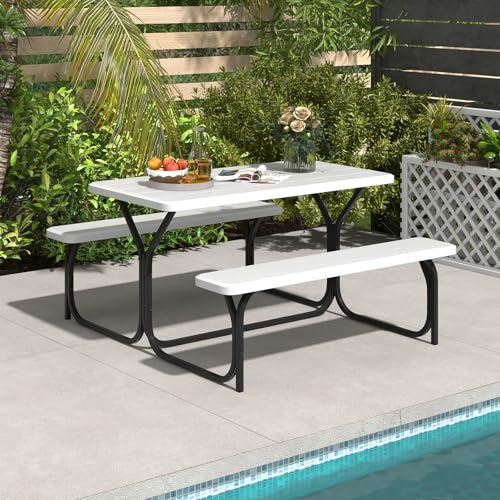 S AFSTAR Picnic Table Bench Set, 59” Expanded Rectangular Picnic Table, Outdoor Table and Bench W/Steel Frame & Wood-Like Texture Tabletop, Camping Table Chair Set for Garden Patio Lawn Deck (White) - color: White