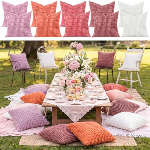 Gilprop 10 Pack Pink Picnic Pillow Covers 18x18 Inch Boho Picnic Cushion Covers Soft Corduroy Striped Pillow Cover for Summer Beach Patio Outdoor Wedding Decor