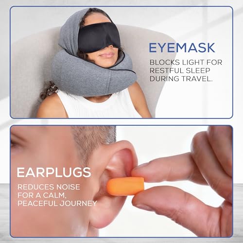 Travel Neck Pillows for Airplanes – Sleep Comfortably on Long Flights, Roadtrips, Home or Office. All-in-One Travel Sleep Kit with Hood, Eyemask and Earplugs