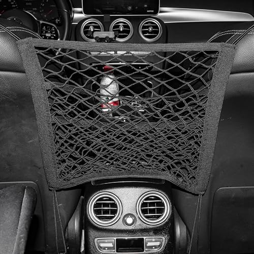 3-Layer Car Mesh Organizer Storage Bag Between Front Seats Kid Dog Pet Net Barrier Car Net Pocket Elastic Tissue Purse Holder Netting Pouch for SUV, Truck, Van 15.7" x 13.7" - size: 15.7 x 13.7 inch