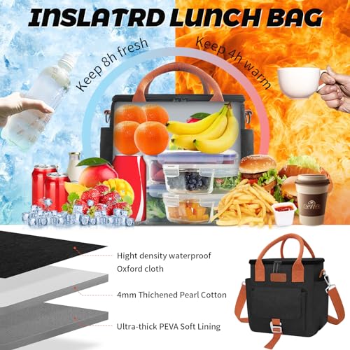 Joymee Insulated Lunch Bag for Women Waterproof Cooler Lunch Tote bag-Black | Large Spacious, Cooler Lunch Bag, Adjustable Shoulder Strap, With Side Pocket, Bottle Holder, for Office Work Picnic Travel - color: Black