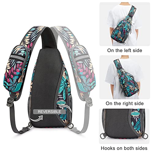 G4Free RFID Sling Bag Crossbody Backpack Small Chest Shoulder Bag Hiking Outdoor - color: Blue Leaf