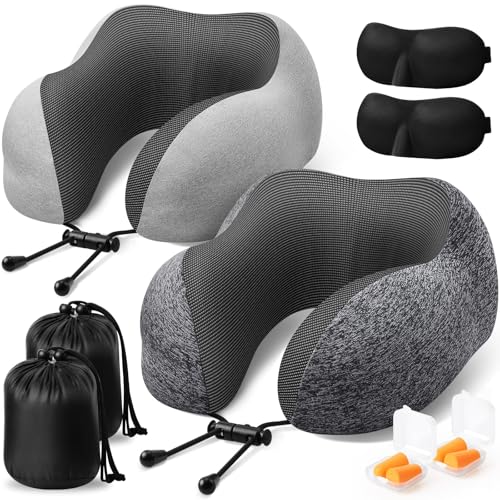 ExploreBliss Travel Pillow, 2 Pack Travel Pillows for Sleeping Airplane, Neck Pillow Airplane, Memory Foam Neck Pillow Set with Eye Mask, Earplugs and Storage Bag -Grey & Light Grey - color: Grey & Light Grey