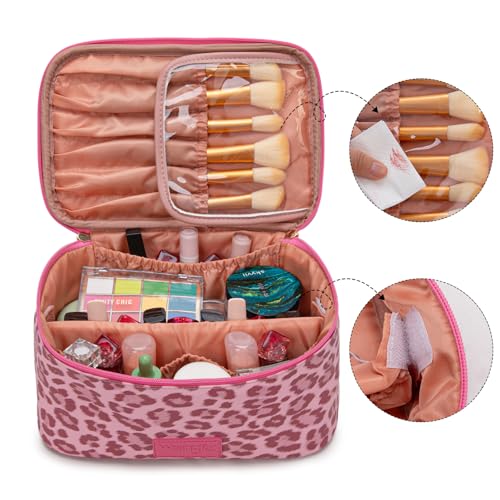 Montana West X Wrangler Travel Makeup Bag 2pcs Set Large Cosmetic Bag with Makeup Brush Holder Portable Make Up Organizer Cute Toiletry Bag with Divider and Handle for Women Leopard - color: Leopard-Pink