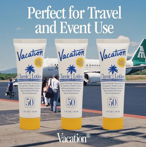 Vacation Mini Classic SPF 50 Sunscreen Lotion, 1 Fluid Ounce, Pack of 12 - Bulk Sunscreen, Invisible, No White Cast, Water-Resistant, Travel Size, Dermatologist-Tested, Vegan - size: 1 Fl Oz (Pack of 12), style: SPF 50