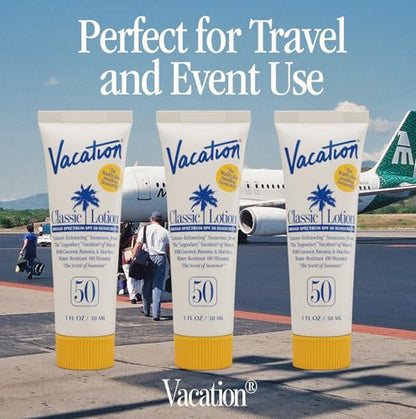 Vacation Mini Classic SPF 50 Sunscreen Lotion, 1 Fluid Ounce, Pack of 12 - Bulk Sunscreen, Invisible, No White Cast, Water-Resistant, Travel Size, Dermatologist-Tested, Vegan - size: 1 Fl Oz (Pack of 12), style: SPF 50