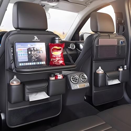 2 Pack Universal Foldable Car Backseat Organizer with Table Tray, Car Seat Back Protector with Touch Screen Phone Holder, Premium Leather Kick Mats with Storage Pockets Tissue Box (Black) - color: Black, size: 2 Pack