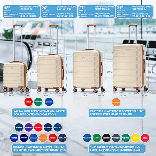 Flight Knight Luggage Set For Travel Expandable 4 Piece Large Checked Bags TSA Lock 360 Silent Double Spinner Wheels Hardside Suitcase With 24x16x10 Carry-On Max Bag Size Virgin, South West Airlines - color: Cream/Tan, size: 4 Piece Set (18/24/27/31")