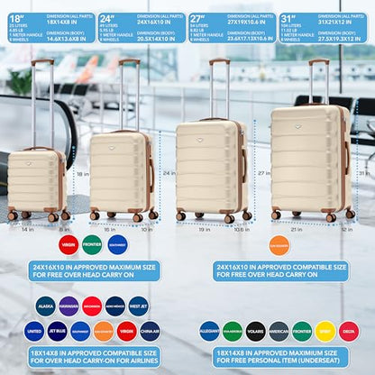 Flight Knight Luggage Set For Travel Expandable 4 Piece Large Checked Bags TSA Lock 360 Silent Double Spinner Wheels Hardside Suitcase With 24x16x10 Carry-On Max Bag Size Virgin, South West Airlines - color: Cream/Tan, size: 4 Piece Set (18/24/27/31")