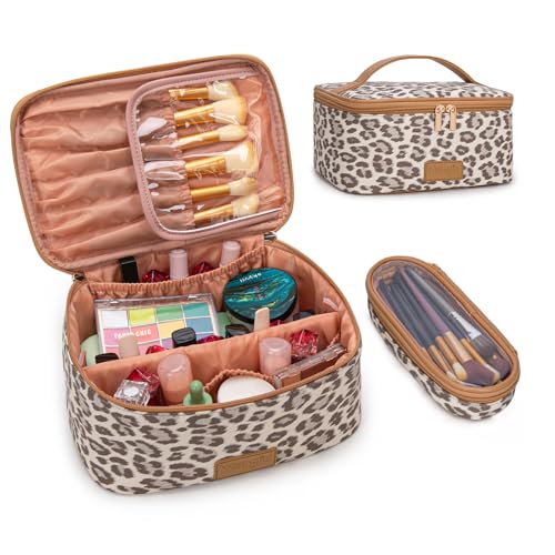 Montana West X Wrangler Travel Makeup Bag 2pcs Set Large Cosmetic Bag with Makeup Brush Holder Portable Make Up Organizer Cute Toiletry Bag with Divider and Handle for Women Leopard - color: Leopard-Khaki