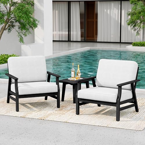 3 Piece Wood Patio Chair Outdoor Bistro Set, Outdoor Armchair All Weather Patio Sofa Furniture Backyard Conversation Sets with Dark Wooden Side Table, Beige - color: Beige/Dark, size: 3PCS