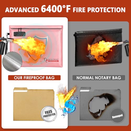 ROLOWAY Fireproof Document Bag (14.5 x 11.5 inch), 6400℉ Fireproof Money Bag with Zipper for Cash, Fire Safe Money Pouch with Lock (Pink) - color: Pink