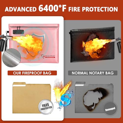ROLOWAY Fireproof Document Bag (14.5 x 11.5 inch), 6400℉ Fireproof Money Bag with Zipper for Cash, Fire Safe Money Pouch with Lock (Pink) - color: Pink