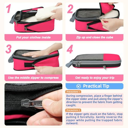 BAGAIL 4 Set/6 Set/8 Set Compression Packing Cubes Travel Accessories Expandable Packing Organizers (Half Mesh, 6-Fuchsia) - color: 6-Fuchsia, style: Half Mesh