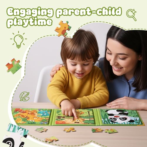 Magnetic Puzzles for Kids 3-5 Years, 3 in 1 Montessori Learning Toys with 9/16/25 PCS, Travel Activity for Toddlers Age 3-5, Preschool Puzzle Game with Animal Designs (Panda, Giraffe, Dinosaur) - color: Green