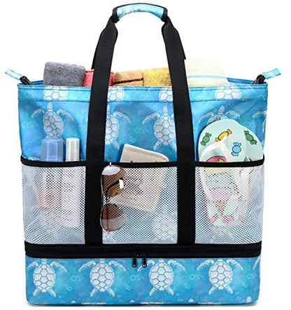 JIANYA Beach Bag Women Waterproof Sandproof Beach Tote Bags with Cooler Top Zipper Large Totes for Pool Travel Daily - color: Bubble Sea Turtle
