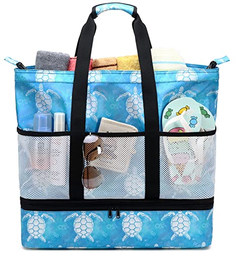 JIANYA Beach Bag Women Waterproof Sandproof Beach Tote Bags with Cooler Top Zipper Large Totes for Pool Travel Daily - color: Bubble Sea Turtle