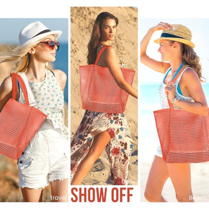 HOHOM Beach Bags for Women, Summer Travel Mesh Tote Bag with Large Inner Pocket, Sandproof Woven Shoulder Handbag - color: Spanish Red
