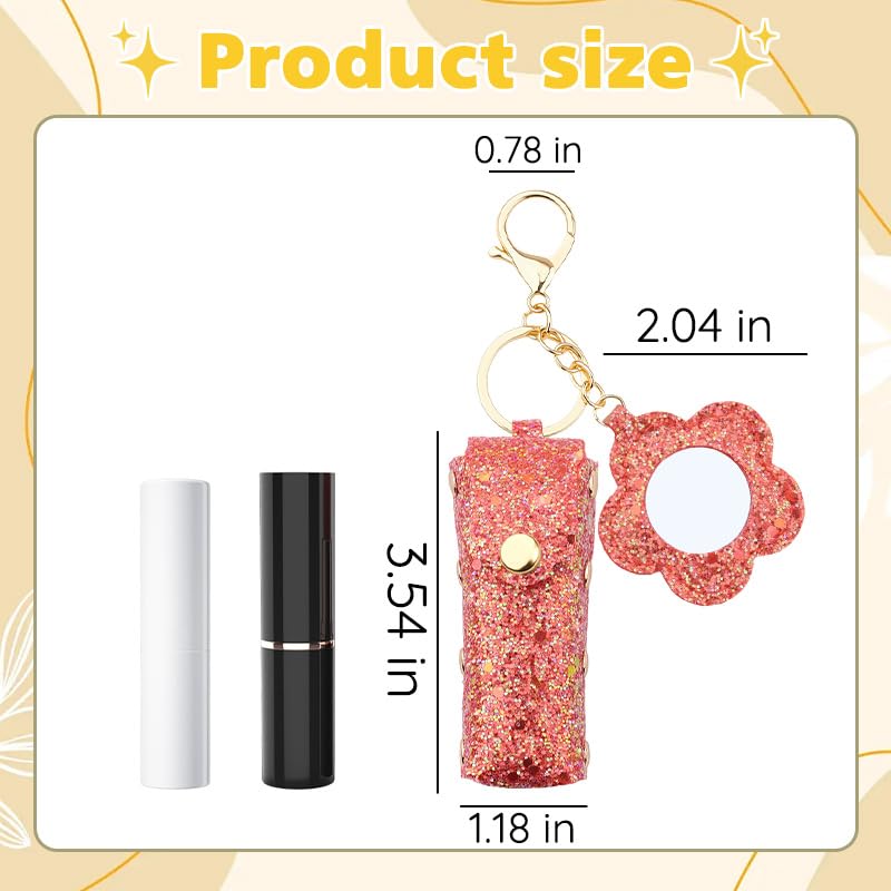 Sisadodo Glitter Lip Oil Holder Key Chains for Woman Lipstick Case with Mirror Lip Balm Keychain for Lipstick Case Keychain - color: Red-flower