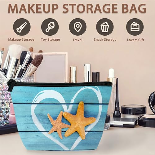 Beach Starfish Cosmetic Bag Coastal Blue Wooden Makeup Bags,Travel Make up Bags for Women Girls Cute Zipper Pouch Toiletry Organizer Bag Travel Essentials - color: Beach Starfish