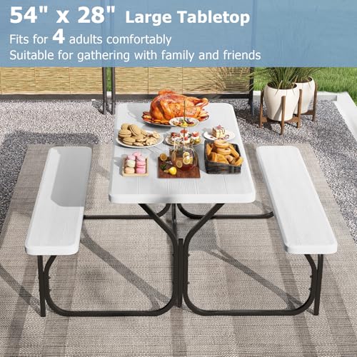 GYMAX Picnic Table, Picnic Bench Easy to Assemble w/All Weather Wood Grain Tabletop & Metal Frame, Picnic Tables for Outdoors Camping Backyard Deck Patio Poolside Dining Party - color: White
