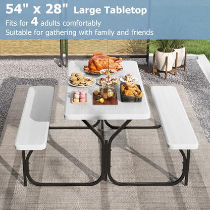 GYMAX Picnic Table, Picnic Bench Easy to Assemble w/All Weather Wood Grain Tabletop & Metal Frame, Picnic Tables for Outdoors Camping Backyard Deck Patio Poolside Dining Party - color: White